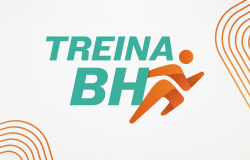 Logo do programa Treina BH, letras em azul turqueza, ilustração de uma pessoa em movimento e grafismos em tons de laranja sobre fundo branco