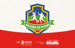 Banner Seleções do Futuro: Brasão nas cores azul, amarelo, verde e vermelho com faixa escrita "seleções do futuro" e silhueta de duas pessoas, uma garota e um garoto, praticando futebol. As marcas da Secretaria Municipal de Esportes e Lazer da Prefeitura de Belo Horizonte e do Ministério do Esporte do Governo do Brasil assinam o rodapé do banner. 