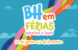 Banner BH em Férias: Título do projeto nas cores azul, branco e verde e laranja, sobre fundo azul, com desenhos de nuvens. 