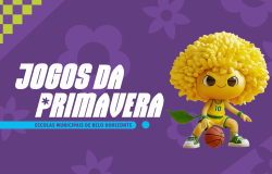 Fundo roxo, com os dizeres "Jogos da Primavera - Escolas Municipais de Belo Horizonte" ao lado um mascote, o casca-dura, de corpo amarelado, cabelo volumosos desenhando folhas, uniforme de basquete com detalhes em verde, fazendo movimento com uma bola de basquete