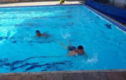 Crianças do programa Superar nadam em piscina, durante o dia. 
