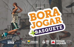 Banner Bora Jogar Mais basquete. Jogador arremessa bola em um salto, junto ao título do projeto e marcas do governo estadual 