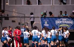 Em um campo de futebol, jogadoras de uma equipe feminina estão reunidas próximas à lateral do gramado, durante uma pausa da partida. A maioria veste camisa branca, shorts azuis e meiões azul-escuros; duas goleiras usam uniformes diferentes, um vermelho e outro azul-marinho.