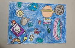 Desenho infantil colorido visto de cima. 
