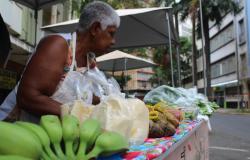 Mulher negra expõe bananas verdes e maduras em uma tenda de frutas, organizadas sobre a banca para comercialização