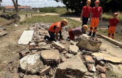 Equipe de profissionais realiza atividade de resgate e busca em área com escombros.