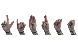 Cinco mãos tatuadas, uma ao lado da outra horizontalmente, fazendo gestões em Libras. 
