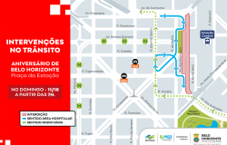 A arte tem formato retangular horizontal, com fundo dividido entre uma faixa vermelha à esquerda e um mapa em tons de cinza-claro e azul-acinzentado à direita. Na área vermelha, há textos em branco, em letras maiúsculas e em negrito, com informações sobre as intervenções no trânsito e o horário de início. O mapa utiliza linhas coloridas para indicar os trechos interditados, em vermelho, e os desvios nos sentidos da área hospitalar, em azul, e da rodoviária, em verde pontilhado. 