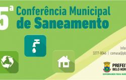 Peça gráfica com o texto "Quinta Conferência Municipal de Saneamento". Há três símbolos na imagem: uma casa, uma torneira e um circulo que representa reciclagem.