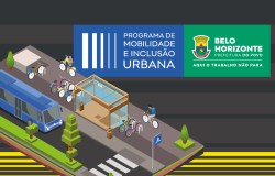 Imagem com fundo de tonz cinzas, com um tipo de maquete no centro, com rua, ônibus, arvore, pessoas