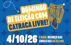 A imagem é um card de divulgação, com fundo azul e elementos gráficos em tons de amarelo, branco e azul-escuro. No centro, há um grande texto em destaque: DOMINGO DE ELEIÇÃO COM CATRACA LIVRE! Ao lado do texto aparece a ilustração de uma catraca, representando a liberação da passagem. Na parte inferior, em letras grandes, está a data: 4/10/26.