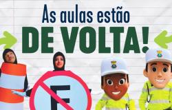 Arte com os personagens da BHTrans e sinalizações de trânsito. Texto: "As aulas estão de volta". 