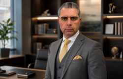 Homem de meia-idade, com cabelos grisalhos penteados para trás, vestindo terno cinza, camisa branca e gravata dourada. Apresenta aparência elegante e postura séria, em um ambiente corporativo sofisticado.