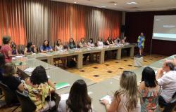 Dezessete pessoas reunidas em mesa em formato de "u", acompanhando palestra de mulher, ao lado de telão, em sala da PBH. 