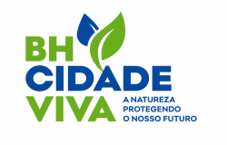Logomarca do programa BH Cidade Viva sobre fundo branco. À esquerda, o texto "BH CIDADE VIVA" aparece em letras grandes, nas cores verde e azul. Acima da palavra "CIDADE", há um símbolo formado por duas folhas estilizadas, uma verde e outra azul. À direita, em letras azuis menores, lê-se: "A natureza protegendo o nosso futuro".