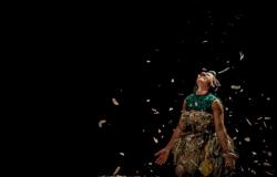 Uma artista veste um traje complexo com tema natural, composto por um top verde-esmeralda e uma saia de camadas de folhas secas e materiais naturais. A artista está com a cabeça inclinada para trás, olhando para cima com uma expressão alegre, e com os braços erguidos e estendidos para os lados. Papéis prateados e confetes iridescentes caem em torno deles contra um fundo completamente preto. A iluminação dramática destaca a textura do traje e o movimento dos confetes.