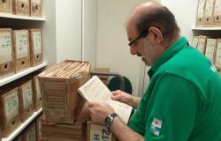 Homem de óculos e camisa polo verde examina atentamente um documento em papel impresso dentro de um arquivo de escritório, cercado por várias caixas organizadoras etiquetadas e organizadas em prateleiras.