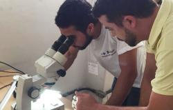 Professor mostra lâmina de microscópio a aluno do curso curso de capacitação para Agentes de Combate a Endemias