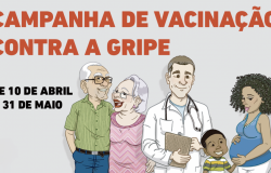 Desenho de médico, grávida, criança e um casal de idosos sorrindo com os dizeres: "Campanha de vacinação contra a gripe. De 10 de abril a 31 de maio".