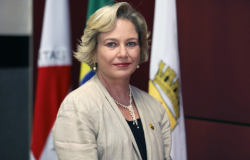 Secretária Municipal de Saúde - Cláudia Navarro Carvalho Duarte Lemos, posa em uma fotografia de perfil tom pastel.
