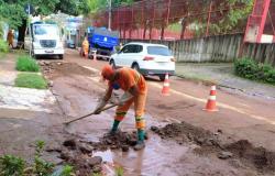 Gari da SLU recolhe resíduos de chuva em rua de Belo Horizonte