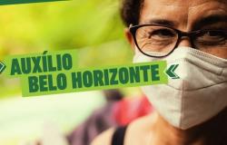 Arte mostra uma mulher usando máscara tampando o nariz e a boca com os dizeres "auxílio Belo Horizonte"