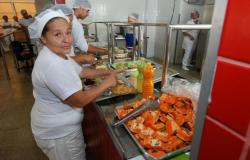 Servidora do Restaurante Popular serve frutas