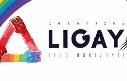 Um triângulo formado por mãos e punhos vermelho e com as cores do arco-íris embaixo do arco-íris e os dizeres: Champions Ligay Belo Horizonte, com o desenho de uma bola lançada. 