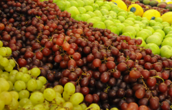 Banca de frutas com uvas verde e roxa, pêra e melão. 