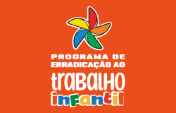 Sobre um fundo vermelho vivo, um catavento nas cores vermelho, laranja, verde, azul e amarelo. Abaixo, os dizeres "Programa de Erradicação do Trabalho Infantil"