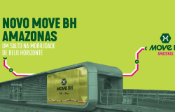 Arte em fundo verde com o texto ‘Novo Move BH Amazonas – Um salto na mobilidade de Belo Horizonte’. À frente, imagem de uma estação do Move BH com painel amarelo e o logotipo Move BH.