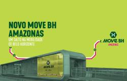 Arte em fundo verde com o texto ‘Novo Move BH Amazonas – Um salto na mobilidade de Belo Horizonte’. À frente, imagem de uma estação do Move BH com painel amarelo e o logotipo Move BH.