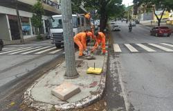 A foto mostra uma equipe de trabalhadores da limpeza urbana realizando serviços de manutenção em um canteiro central de uma avenida. Os profissionais, uniformizados com roupas laranjas e faixas refletivas, trabalham próximos a um caminhão de coleta, utilizando ferramentas manuais para retirar resíduos e realizar reparos no piso. Em primeiro plano, há uma base de concreto e um poste instalado no canteiro, além de materiais e resíduos resultantes do serviço. Ao fundo, é possível ver o fluxo de veículos.
