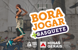 Banner Bora Jogar Mais basquete. Jogador arremessa bola em um salto, junto ao título do projeto e marcas do governo estadual 