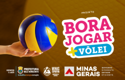 Banner Bora Jogar Mais Volei. Uma mão segura uma bola de volei azul e amarela junto ao título do projeto e marcas do governo estadual 