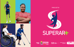 Banner Superar+. quatro pessoas diversas com deficiencia, junto ao título do projeto e marcas do governo federal