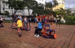 Grupo de adultos pratica atividades em aparelhos que compõe a Academia ao Ar Livre, projeto da Prefeitura de Belo Horizonte. Ao fundo, árvores e prédios.