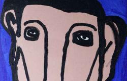 Pintura de paciente de Centro de Saúde Mental de BH, com fundo azul com pessoa branca de cavelos pretos e olhos expressivos. Foto: Reprodução CCBB