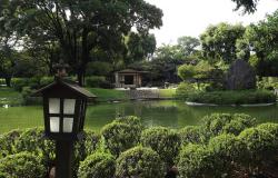 Jardim Japonês na Fundação Zoo-Botânica de BH, com arbustos redondos e uma lantarna à frente, um lago no centro e árvores e uma contrução atrás. 