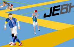 Treês atletas, uma jogadora de vôlei, um jogador de basquete e um jogador de futebol vendado na arte dos Jogos Escolares de BH (JEBH)