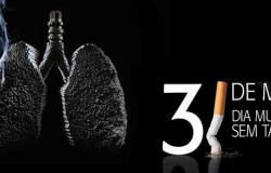 A imagem contém um pulmão sendo queimado por um cigarro e está escrito: 31 de maio Dia Mundial Sem tabaco, sendo que o número 1 é um cigarro apagado.