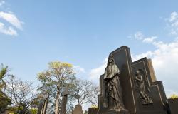 Imagem de uma lápide no Cemitério do Bonfim durante o dia. Céu azul