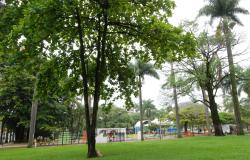 Na foto consta uma praça como muitas árvores e um playground