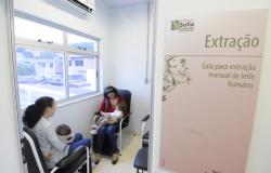 Sala de extração de leite no hospital Sofia Fieldman. Duas mães sentadas amantam seus filhos.