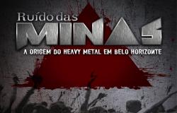 Cartaz cinza com um triângulo vermelho no meio simbolizando a bandeira de Minas, e escrito a frase: Ruídos das Minas, A origem do Heavy Metal em Belo Horizonte