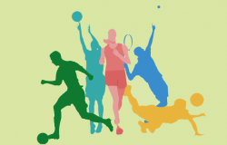 Arte com atletas nas modalidades vôlei, futebol, badminton e corrida em cores diversas.