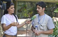 Repórter da TV da Prefeitura segura uma cobra do milho e entrevista responsável pela seção de reptéis da Fundação Zoobotânica 