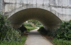 Passagem sobre passarela de pedestres no Parque Nossa Senhora da Piedade, com vegetação nas lateria e um caminho ao fundo. 