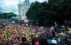 Bloco de carnaval Beiço do Wando, no Carnaval de 2017. Foliões usam roupas rosa e amarelo. Há um prédio ao fundo e uma grande árvore.