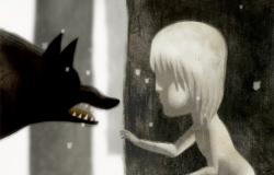 Cena da animação "Feral": mulher branca com a mão estendida para lobo negro, com os dentes à mostra. 
